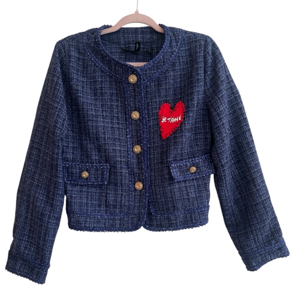Navy Tweed Bomber Jacket with Red Heart Patch